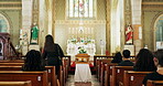 Family, christian church and catholic for funeral, walking isle and sunday service for condolences and death. Mom, daughter and benches at cathedral, synagogue and back view for chapel and farewell 