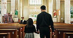 Family, church and catholic for funeral, walking isle and sunday service for condolences and death. Father, daughter and benches at cathedral, synagogue and back view for chapel and sad farewell 