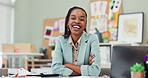 Designer, African woman and arms crossed with smile in workshop with pride, fashion and face in career. Person, entrepreneur and startup business owner in suit, confidence and happy at desk at job