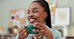 Happy, black woman and designer thinking with coffee for morning, aroma or drink at office. Face of African female person or creative employee with smile for latte, cappuccino or beverage in startup