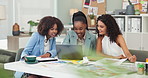 Business women, meeting and designer on computer for creative ideas, planning and teamwork or collaboration on project. Professional group of people with strategy of social media or website on laptop
