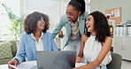 Women, laptop in meeting and planning with laughter, project management and collaboration with ideas for digital proposal. Internet, research and innovation with creative team and comedy at startup