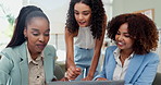 Teamwork, meeting and women with laptop for strategy, project management and discussion in office for ideas. Research for digital proposal, collaboration and innovation together at creative startup
