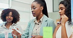 Teamwork, discussion and business women with notes in office for planning, schedule and logistics. Creative agency, startup and workers with sticky note on glass for meeting, brainstorming and ideas