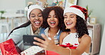 Christmas, friends and selfie with business women at work together for celebration or office party. Phone, smile and photograph with group of employee people at workplace for festive function