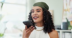Fashion designer, voice note and business woman with phone in office for website, networking and internet. Creative startup, ecommerce and person record on smartphone for textiles, retail or boutique