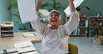 Business, success and senior woman with paper throw in office celebration for target, mission or goal achievement. Freedom, energy and elderly female executive with air documents for sales milestone