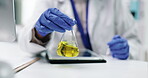 Hands, chemical in beaker and scientist in lab, chemistry and medical research with pharmacy and investigation. Biotechnology, science experiment and person with glass container for liquid solution