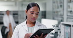 Science, reading and woman in lab with tablet for medical study, results or online review. Digital app, research and scientist in laboratory on internet for ideas, brainstorming and checking report.