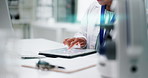 Science, research and hands of person with tablet for medical study, results or online review. Digital app, scroll and scientist in laboratory with internet search for info on pharmaceutical website.
