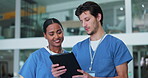 Nurses, teamwork and planning on tablet for medical research, advice and support in hospital workflow. Healthcare staff, surgeon or doctors with digital technology for clinic solution or telehealth