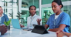 Woman, laptop and medical discussion with nurse internship in office building for employee training, feedback or research. Female person, collaboration and brainstorming report, results or solution