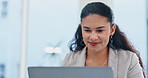 Business, thinking and woman with laptop, decision and choice with smile and online reading with email. Person, employee and PR consultant with computer and opportunity with a choice and company blog