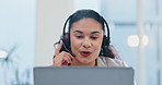 Call center, talking or face of woman in CRM, telemarketing or telecom office for customer services. Microphone headset, laptop or sales agent in tech support help desk for consulting or faq online