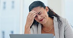 Business woman, stress and headache on laptop for editing, reading or planning in office. Writer, editor or young worker on a computer with migraine, pain and anxiety or burnout for project deadline