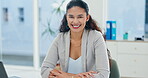 Smile, human resources and administration with business woman at desk in office for recruitment. Portrait, company and hiring with happy young employee in workplace interview, orientation or welcome 