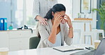 Woman, stress and office with laptop, support and burnout from work, Businesswoman, colleague and headache for pain, mental health and tired employee in workplace for mistake or migraine with help