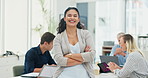 Meeting, face or happy businesswoman with arms crossed in workplace for company development. Corporate, smile or portrait of a proud financial advisor, female worker or confident employee in office