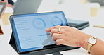 Woman, hands closeup and tablet at business meeting with analytics, planning and stats research with people. Corporate team, touchscreen tech and charts for financial negotiation, report or review