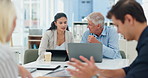 Tablet, laptop or business people in meeting, discussion, conversation in workplace for planning. Teamwork, talking or group of employees in office for feedback report or digital project together 