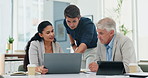 Business people, planning and group with a laptop, cooperation and brainstorming for a project launch. Staff, manager or employees with computer and teamwork with email or opportunity with discussion