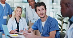 Nurse, team and meeting for healthcare in conference room with technology, listening and discussion. Collaboration, doctor and medical group in boardroom for surgery brainstorming and health planning