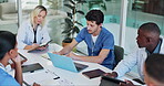Nurse, team and discussion for healthcare in conference room with technology, documents and top view. Collaboration, doctor and medical group in boardroom for surgery brainstorming and health meeting