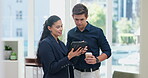 Business people, discussion and tablet for research on internet, technology and reading article for information. Hr consultant, talking and collaboration on touchscreen and planning a staff proposal