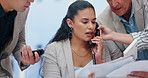 Phone call, chaos and woman with stress for business documents, report and crisis or problem. Worker in administration for multitasking, telephone and paperwork with time management and people hands