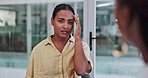 Headache, stress and doctor with woman in hospital for medical service, consultation and help. Healthcare, clinic and patient with health worker for symptoms for diagnosis, sickness and wellness