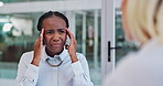 Woman, doctor and sick with discussion of symptoms with headache, neck pain and healthcare consultation. Patient, medical professional and talking of sore throat, migraine and ill with flu and virus
