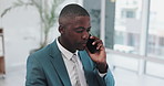 Business, phone call and black man with conversation, communication and mobile user with employee. African person, financial consultant and accountant with smartphone and connection with digital app