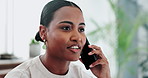 Happy woman, business and conversation with phone call for communication or networking at office. Face of young female person talking with smile on mobile smartphone for discussion at the workplace