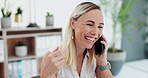 Happy woman, business and conversation with phone call for communication or networking at office. Female person or employee with smile and talking on mobile smartphone for discussion at workplace