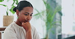 Business woman, thinking and decision with laptop for choice, planning or research at the office. Face of thoughtful female person in wonder for project, idea or solution on computer at the workplace