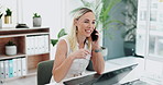 Business woman, happy and conversation with phone call for communication or networking at office. Female person or employee with smile and talking on mobile smartphone for discussion at workplace