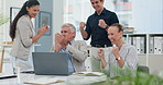 Computer, high five and team of business people in office with good news, achievement or success. Clapping hands, collaboration and professional employees in celebration with laptop in workplace.