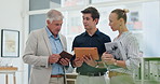 Business people, group and tablet with teamwork, conversation and brainstorming for project launch. Staff, manager or employees with tech, digital app or discussion with cooperation or online reading