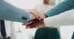 Teamwork, hands and business people in office closeup with support, motivation and agreement. Solidarity, partnership and finger stack by corporate group together for team building, trust or goals