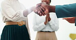Business people, shaking hands or applause for agreement, deal or success in corporate negotiation in office. Accounting team, b2b or congratulations of company profit or collaboration on partnership