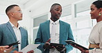 Business people, teamwork and tablet for online research, paperless and information on digital tech in office. Corporate professional, talking and diversity for collaboration and law project at work
