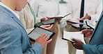 Chart, meeting and hands of business people with tablet for website, online project and research. Corporate office, communication and men and women on digital tech for planning, review and networking