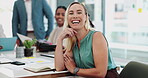 Business woman, face and smile of public relations worker with laugh and happy from office job. Professional, agency and coworking with career confidence in a boardroom at workplace desk with joke