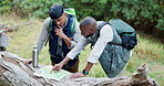 Friends, map or men hiking in nature or rainforest for trekking or outdoor adventure or directions. Location, destination or lost hikers walking in natural park or woods to search or travel on path
