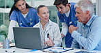 Group, teamwork and medical with laptop, conversation and online reading for research and hospital. People, healthcare or professional with computer or search for information with cooperation or tech