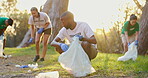 Volunteer, teamwork and garbage or environment sustainability or climate change recycling or nature, cleaning or community service. People, bag and plastic on earth day, nonprofit or waste management