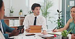 Business people, meeting and document with tablet for collaboration, planning or brainstorming at office. Group of employees in team discussion with technology and paperwork for project at workplace