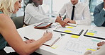 Business people, hands and meeting with paperwork for finance, growth or statistics at the office. Closeup of employees in team discussion with documents, writing or financial planning at workplace