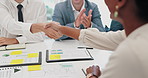 Applause, deal and shaking hands in business meeting with success, motivation and achievement. Contract, collaboration and clapping staff with startup support and excited about agreement in office