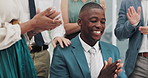 Applause, teamwork and black man with business people for promotion, support and success in office. Collaboration, corporate and men and women clapping hands for winner, feedback and celebration